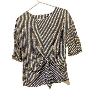 Anthropologie Eva Franco Womens 8P Blue Gray Gold Lurex Striped Tie Front Blouse